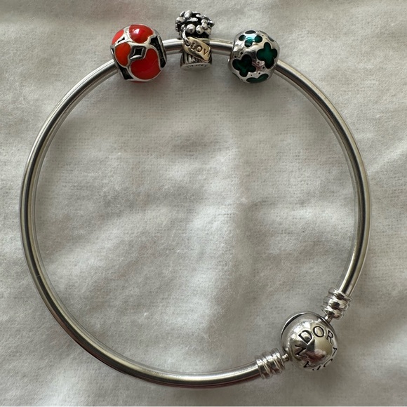 Authentic PANDORA Sterling Bangle Bracelet with 3 charms included - Picture 2 of 8
